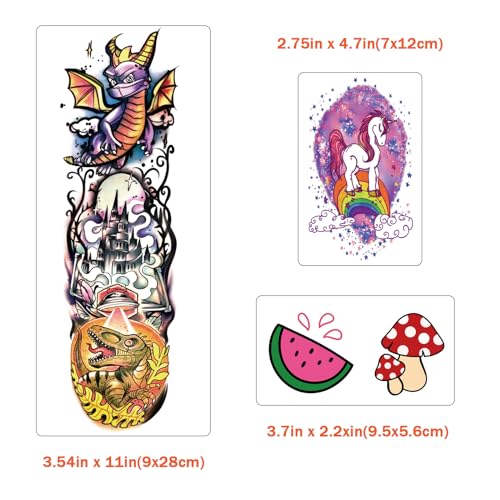 52 PCS Kids Full Arm Temporary Tattoos - Rocket Car Dinosaur Planet Astronaut & Dolphin Castle Cat Body Tattoos Stickers for Boys & Girls, Party Supplies Gifts