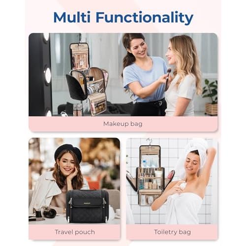 BAGSMART Makeup Bag for Women with Hanging Hook, Large Portable Capacity Water-resistant Organizer Travel Case for Toiletries and Cosmetics, Brown