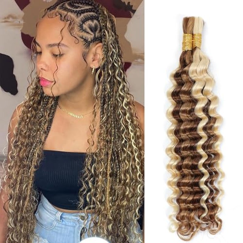 P27/30/613 Human Braiding Hair for Boho Braids Highlight Brown Blonde Deep Wave Bulk Human Hair for Braiding Crochet Curly Braiding Human Hair Knotless Bohemian Braids100g (2 of 50g) 20 Inch