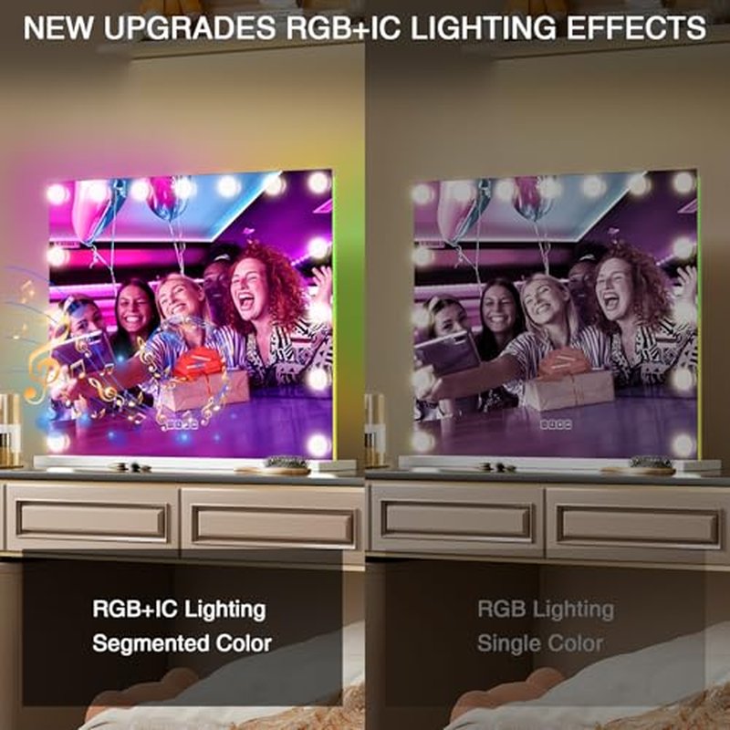 COOLJEEN Vanity Mirror with Lights and Bluetooth, 23x18 Inch 15 Bulbs Front and RGB Backlit Makeup Mirror with Dimmable 3 Color, Tempered Glass, Detachable 10X Magnification, Tabletop & Wall-Mounted