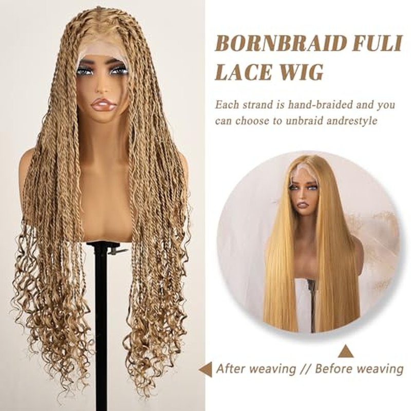 30 Inch Boho Braided Wigs for Black Women Knotless Boho island Twist Wig Single Full Lace Square Box Honey Blonde Braids Wig Pre Plucked with Baby Hair Beginner Friendly