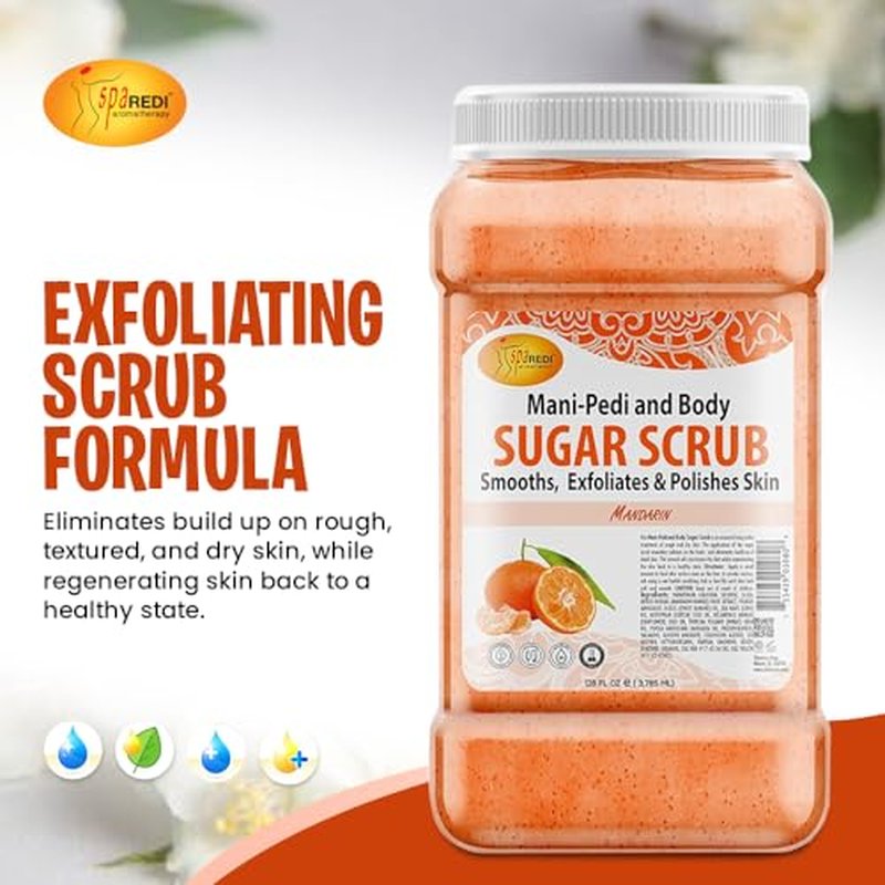 SPA REDI - Sugar Body Scrub, Mandarin, 128 Oz, Exfoliating, Moisturizing, Hydrating and Nourishing, Glow, Polish, Smooth and Fresh Skin - Body Exfoliator