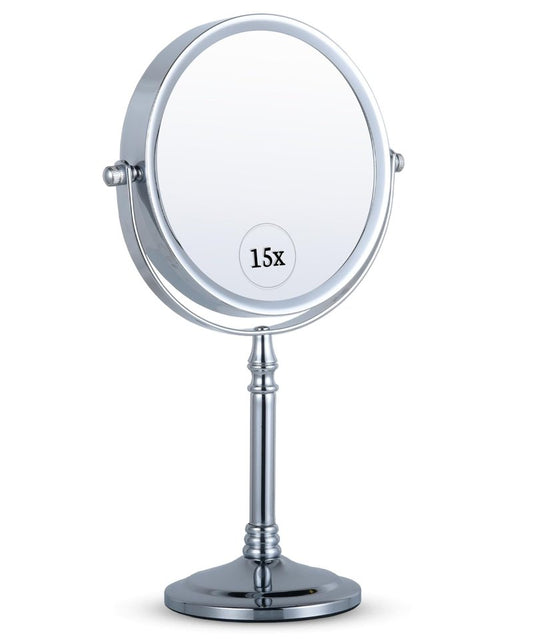 MIRRORVANA 15X Magnifying Makeup Mirror with Stand - Double-Sided 15X/1X Design - Suitable for Vanity Desk, Dressing Table, or Bathroom Countertop for Precise Make Up - 12" High x 6" Wide (Chrome)