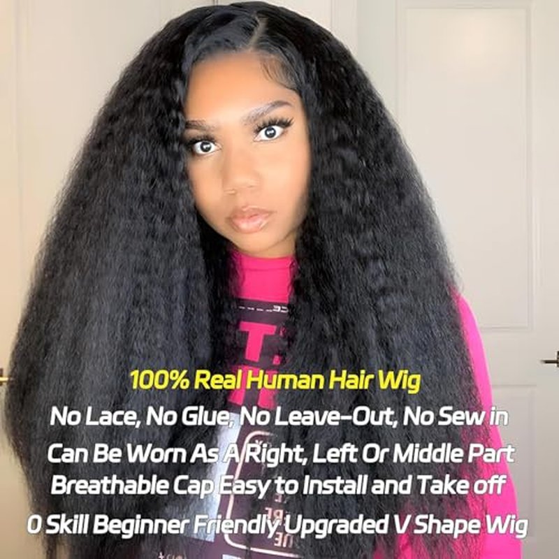 V Part Wig Human Hair Kinky Straight 22 Inch V Part Wig Yaki Straight Clip in Half Wigs for Black Women Human Hair Glueless No Leave Out 180% Density Natural Color