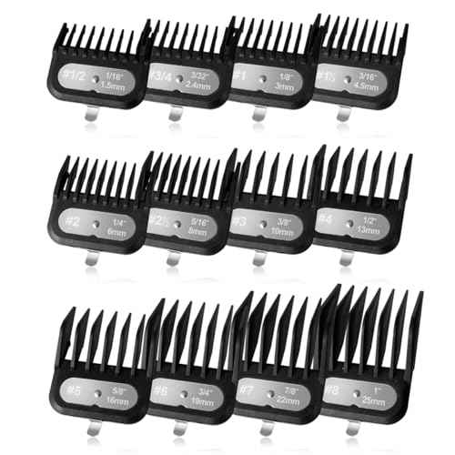 Clipper Guards Set Compatible with Most Wahl Clippers, -1/16" to 1", 12 Piece Set, Black Color, New Version