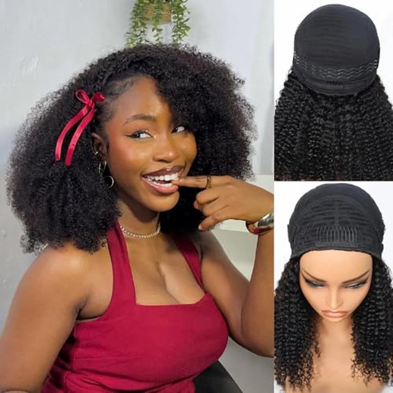 kiss love Kinky Curly Half Wig Human Hair Upgrade 4C Edge Hairline 180 Density 3 In 1 Seamless Flip Over Half Wigs With Drawstring Beginner Friendly Glueless Put and Go Headband Wig For Women