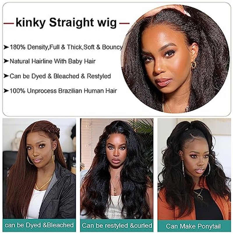 Kinky Straight Wig 16 Inch 180% Density Yaki Straight Human Hair Wig With Pre-Plucked Hairline & Adjustable Straps,Natural Black 13x4 Lace Front Wigs Human Hair For Black Women
