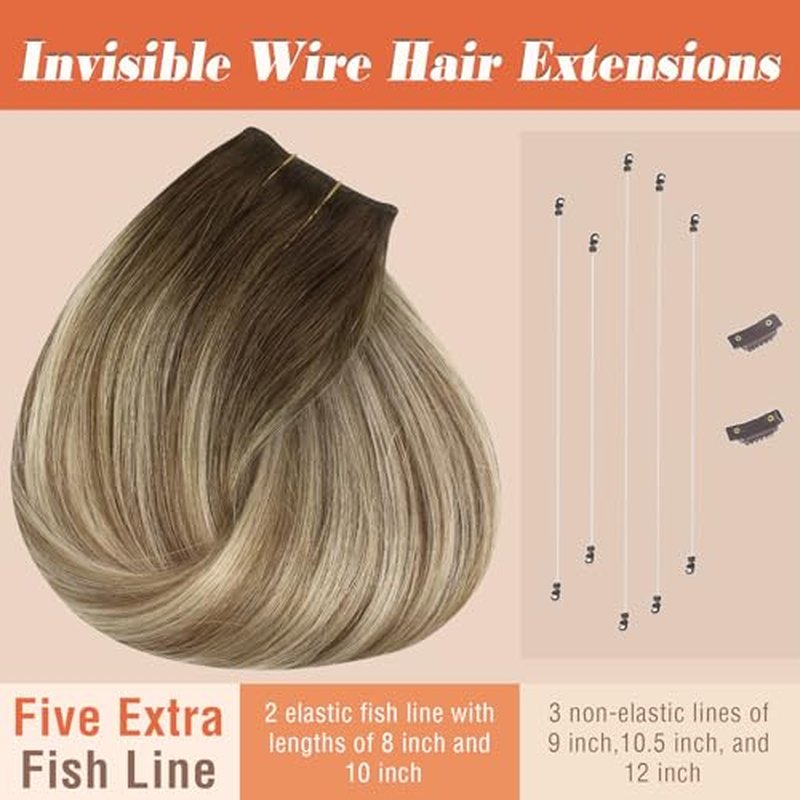 Sunny Hair Wire Hair Extensions Real Human Hair Fish Line Human Hair Extensions Invisible Wire Extensions Brown to Light Brown with Medium Blonde #3/8/22 18 Inch