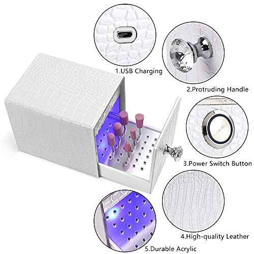 Yokilly Nail Drill Bit Holder,Blue UV Light Box for Grinding Heads Dustproof Stand Displayer Acrylic 48 Holes Nail Salon Organizers Manicure Tools with USB Charging(Not Inlcude Drill Bits)
