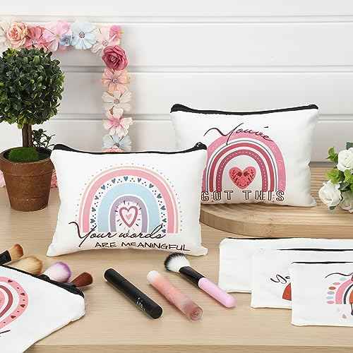 Hillban 64 Pcs Christmas Gift for Women Bulk 32 Rainbow Canvas Makeup Bag with 32 Inspirational Quote Keychains Zipper Cosmetic Bag Travel Toiletry Coin Pouch for Thanksgiving Xmas Birthday Holiday