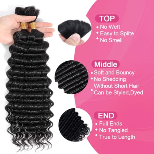 Human Braiding Hair for Boho Braids Bohemian Deep Wave Bulk 100% Human Hair for Braiding Wet and Wavy Human Hair for Boho Knotless Braids No Weft 2 Bundles 100g Hair Extensions Natural Color