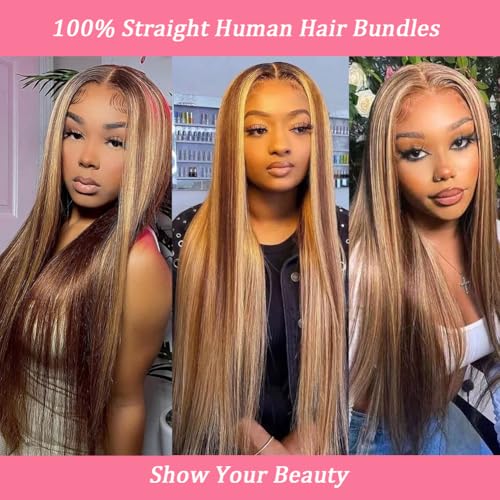 Beautymoon Ombre Raw Straight Bundles 18 20 22 Inch Brazilian Straight Hair Bundles 100% Unprocessed Virgin 4/27 Highlight Honey Blonde Weave Bundle Human Hair