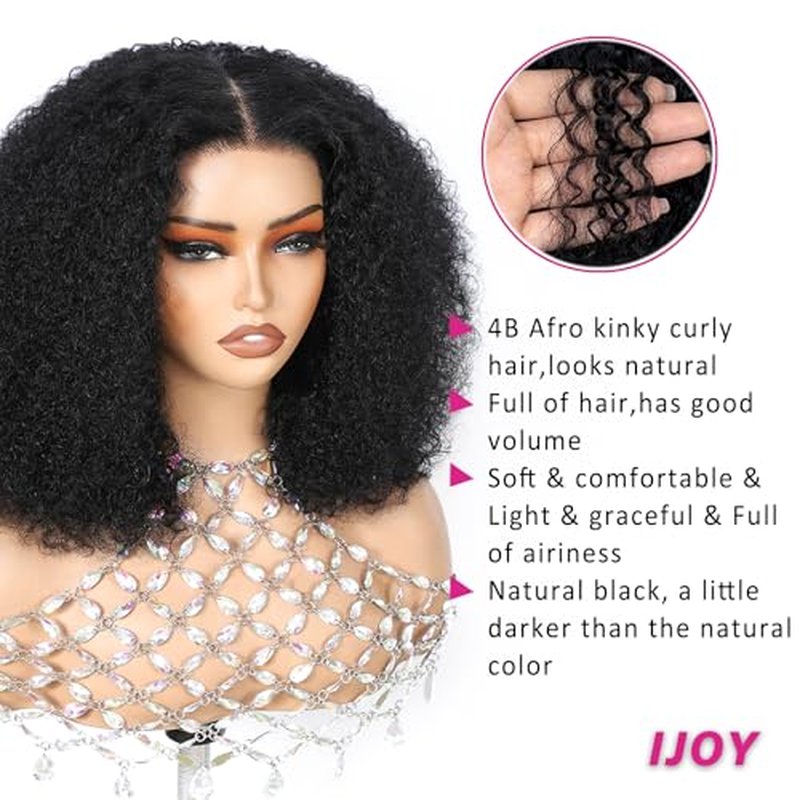 ijoy Natural Black Kinky Curly Wig Human Hair 16 Inch 13x4 Lace Front Wigs 180 Density, Full and Thick Afro Curly Wigs for Black Women Brazilian Virgin Hair Bob Frontal Wig Natural Black Afro kinky
