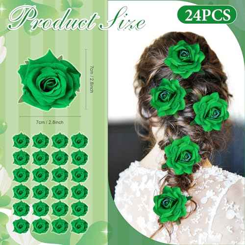 Batiyeer 24 Pcs Flower Hair Clips Rose Brooch Floral Hairpins 2.8" Flowers Hair Clips Headpieces Accessories for Flamenco Dancer Women Bridal Bridesmaid Wedding Halloween Christmas Party(Green)