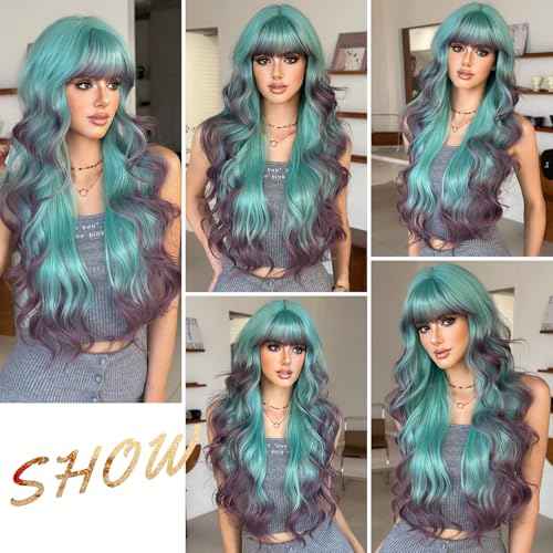7JHH WIGS 31in Turquoise Long Wavy Bangs Purple Highlight Wigs Mixed Light Green Ombre Lavender Purple Heat Resistant Synthetic Fiber Women Wavy Curly Wigs for Christmas Daily Party Daily Used