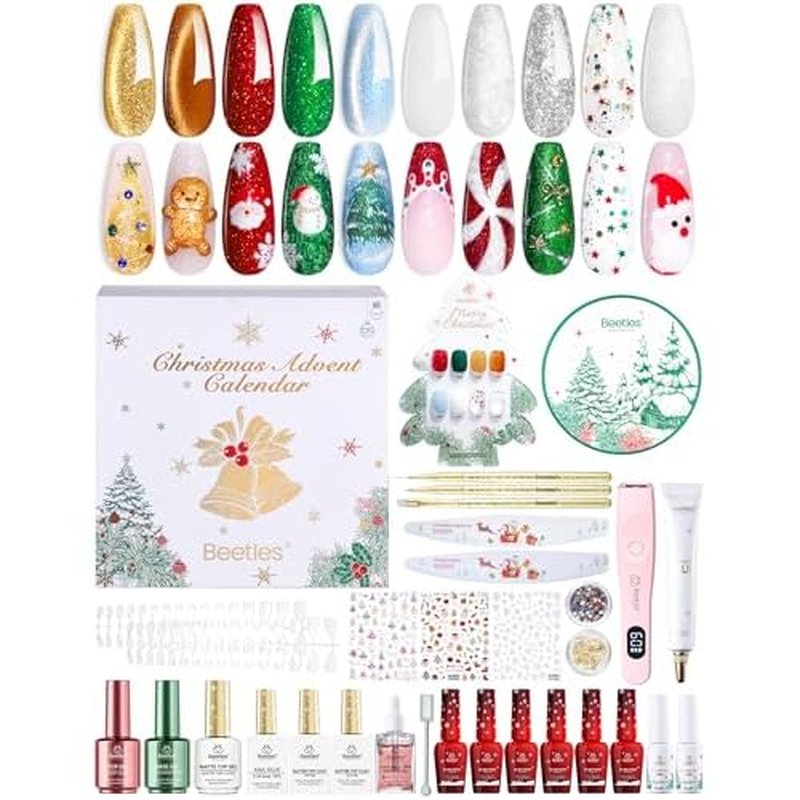 beetles Gel Polish Merry Glitzmas 2025 Christmas Advent Calendar ? 24 Days Christmas Countdown Nail Art Set with Mini LED Nail Lamp Base Top Coat and Festive Holiday Surprises Gifts for Women Girls