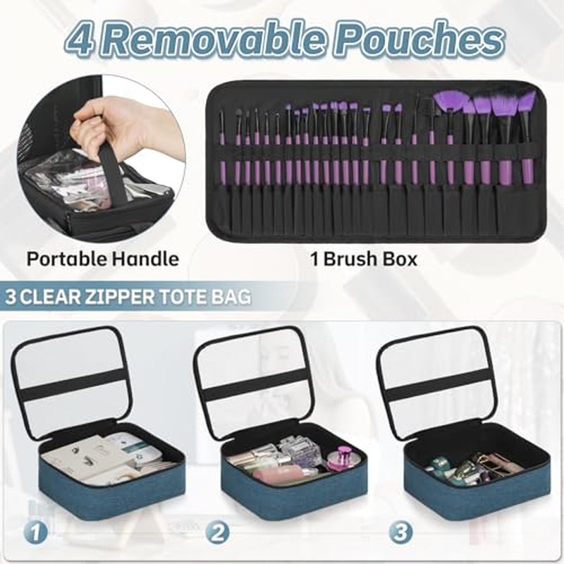Extra Large Rolling Makeup Case with 4 Removable Pouches£¬Professional Make up Train Case with Wheels,Travel Cosmetic Bag for Hairstylists Nail Tech Makeup Artist with Detachable Trolley