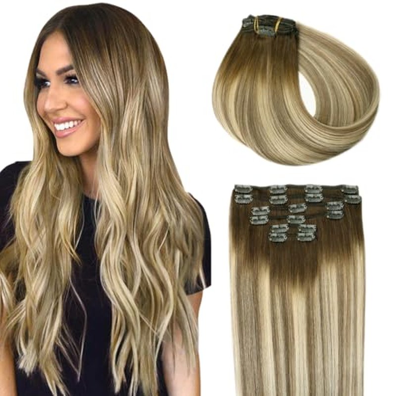 SURNEL Human Hair Clip in Extensions 18inch Clip in Hair Extensions Balayage Walnut Brown to Ash Brown and Golden Blonde Hair Extensions Clip ins 6pcs 120g(#3/8/22,18")