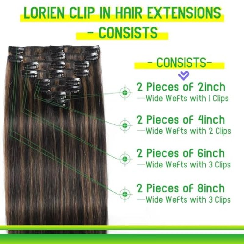 LORIEN Clip in Hair Extensions Real Human Hair, 22 Inch 110g, 1B/6 Natural Black to Chestnut Brown, Clip in 100% Brazilian Remy Human Hair Extensions 8pcs Per Set with 18 Clips Double Weft