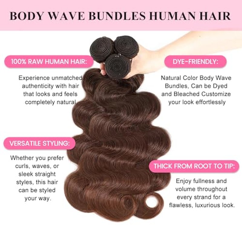 12A Chocolate Brown Human Hair Bundles Body Wave Bundles Human Hair 18 20 22 Inch 100% Unprocessed Brazilian Virgin Hair Body Wave 3 Bundles Deals Real Human Hair Extensions For Black Women