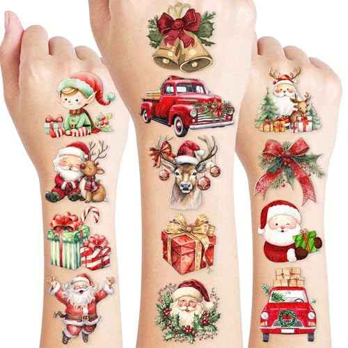 96PCS Christmas Temporary Tattoos Stickers Pre-Cut Themed Christmas Birthday Party Decorations Supplies Favors Decor Winter Xmas Santa Claus for Women Kids Adults Gifts Prizes Rewards