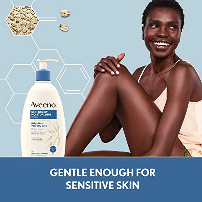 Aveeno Skin Relief Fragrance-Free Moisturizing Lotion for Sensitive Skin, with Natural Shea Butter & Triple Oat Complex, Unscented Therapeutic Body Lotion for Itchy, Extra-Dry Skin, 18 fl. oz