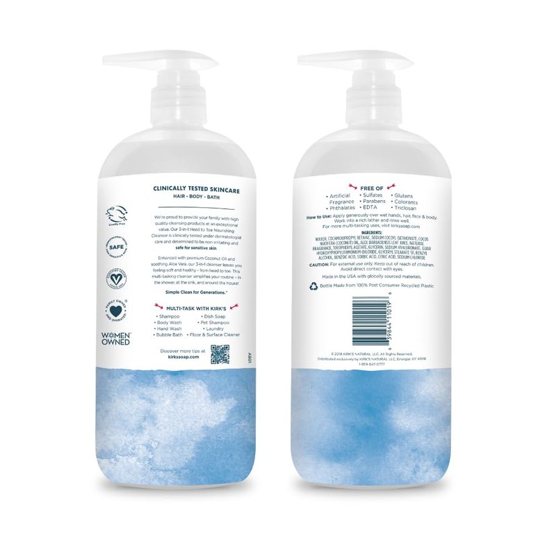 Kirk's Original Fresh 3-in-1 Nourishing Cleanser and Travel Bar Soap, Shampoo Body Wash Bubble Bath, Coconut Oil and Aloe Vera, Vegan Non-GMO, 32 Fl Oz, Pack of 2