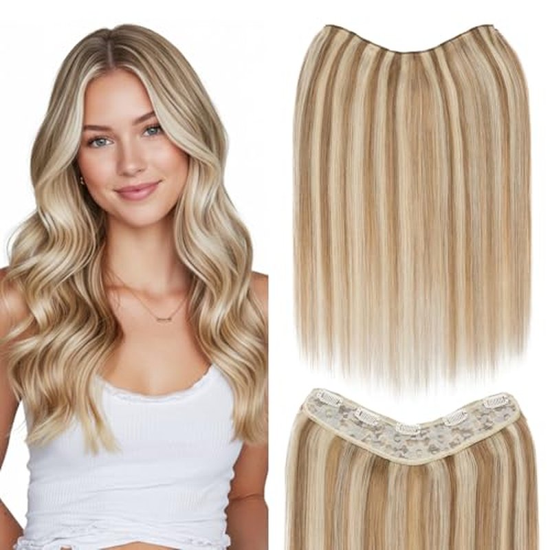 One Piece Clip in Hair Extensions 100% Real Human Hair 3/4 Full Head Hair with Upgraded V-Shaped Weft 5 Clips in Hair Extensions for Women, £¨18 Inch, #12P613 Golden Brown mixed Bleach Blonde£©