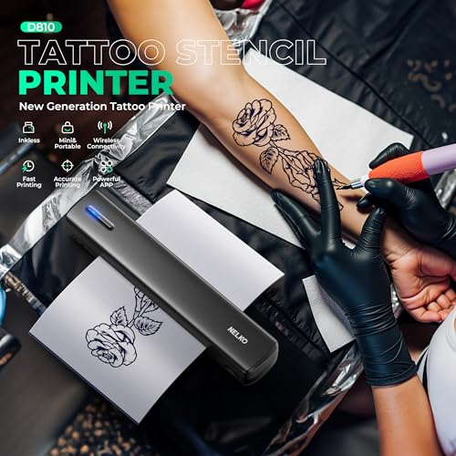 Nelko D810 Tattoo Stencil Printer, Wireless Thermal Tattoo Printer with 10pcs Tattoo Transfer Papers, Portable Tattoo Machine for Artist & Beginners, Compatible with Phone Pad and PC, Smoke Black