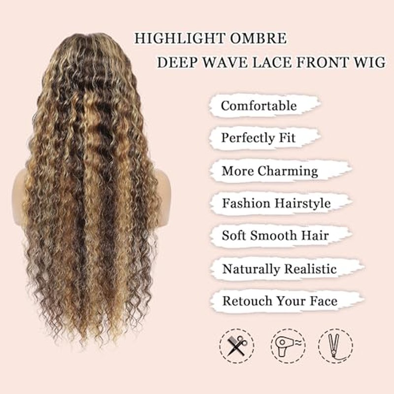 Highlight Ombre Lace Front Wigs Human Hair 13x6 Honey Blonde Deep Wave Wig Human Hair 4/27 Glueless Deep Wave Human Hair Wigs Pre Plucked with Baby Hair for Women 24 Inch