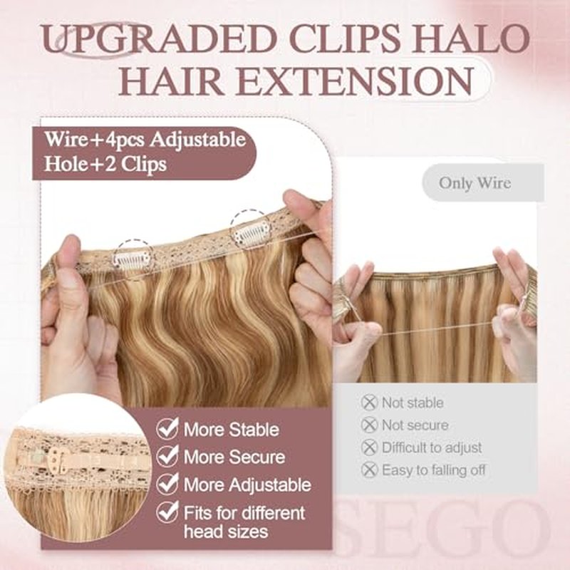 Halo Hair Extensions Real Human Hair Wavy Invisible Wire Hairpiece Adjustable One Piece With 2 Secure Clips For Women to Add Length,18 Inch 12P613 Golden Brown Mixed Bleach Blonde,65g