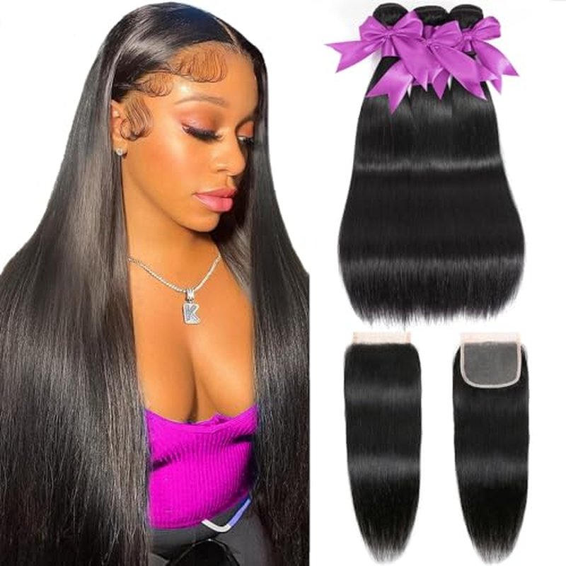 12A Straight Bundles with Closure Human Hair 18 20 22+16 Inch 100% Unprocessed Virgin Brazilian Straight Human Hair Weave 3 Bundles Deals with 4x4 HD Lace Closure