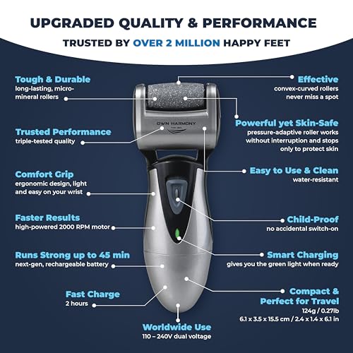Electric Callus Remover: Rechargeable Electronic Foot File CR900 by Own Harmony(Tested Most Powerful) Best Pedicure Tools w 3 Rollers Professional Pedi Feet Care Sander for Cracked Heels and Hard Skin