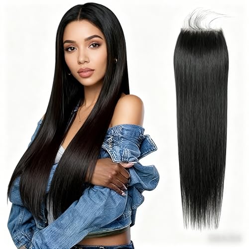 Straight 4x4 HD Lace Closure Human Hair,12A Transparent Lace Closure 100% Remy Human Hair Free Part Hand Tied Swiss Lace Closures Pre Plucked with Baby Hair Front Only Natural Black(20 Inch)