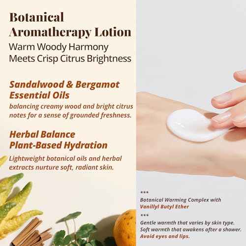 Sandalwood & Bergamot Aromatherapy Lotion ? Lightweight Moisturizer for Body & Massage, Gentle Warming Care with Woody-Citrus Aroma for Grounding and Refreshing Self-Care, 3.4 fl oz / 100 ml