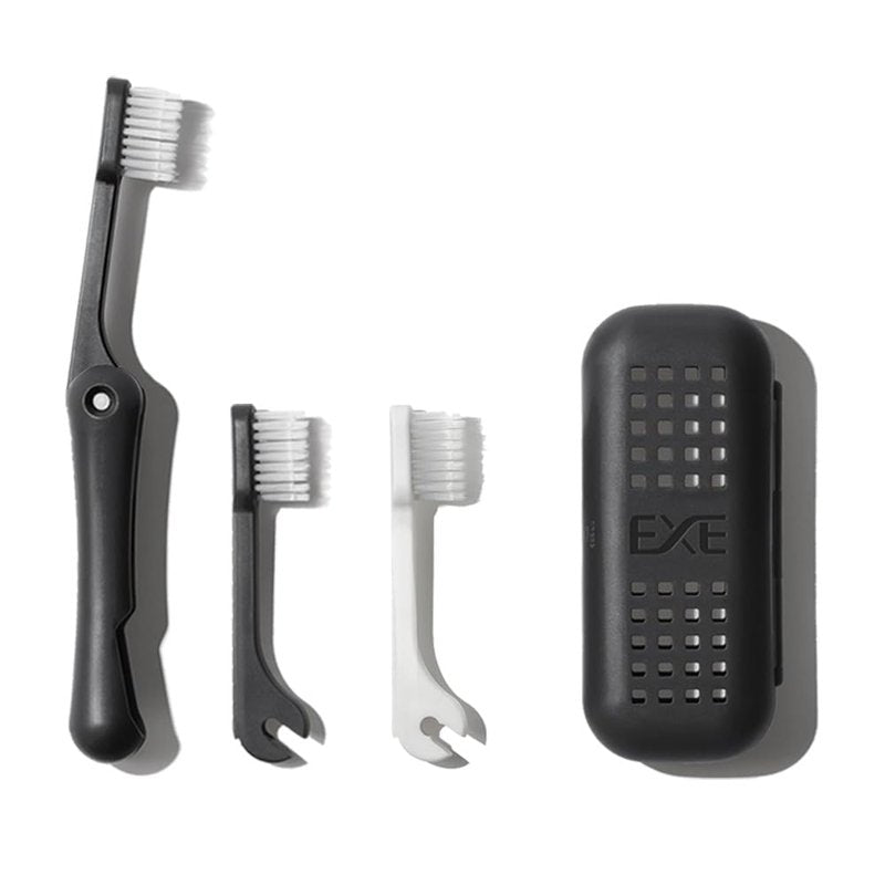 Minibox Folding Travel Toothbrush with Dual-Length Bristles & Case, Compact Mini Design for Business Trips, Camping, and Outdoor Activities, 1 Pack with 2 Extra Replaceable Brush Heads, Black & White