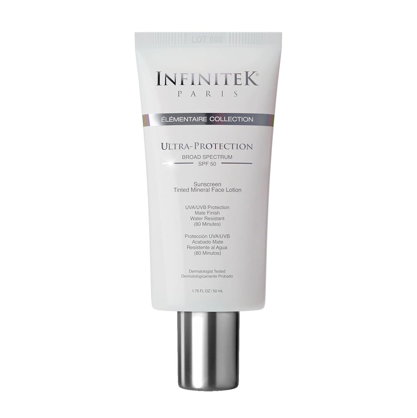 Infinitek Paris Tinted Mineral Sunscreen SPF 50 - Lightweight Daily Face Protection Against UVA/UVB & Blue Light | Water Resistant (80 Min) | 1.75 fl oz / 50 ml