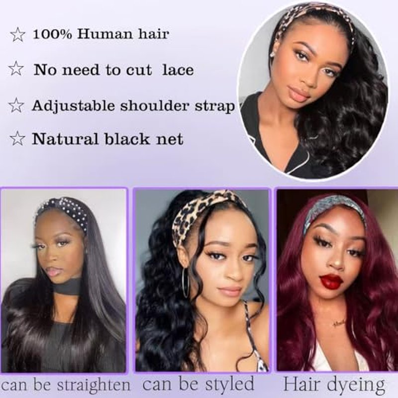 Headband Wig Human Hair Body Wave Wigs None Lace Front Wigs 100% Human Hair Brazilian Virgin 150% Density Natural Color (12inch)
