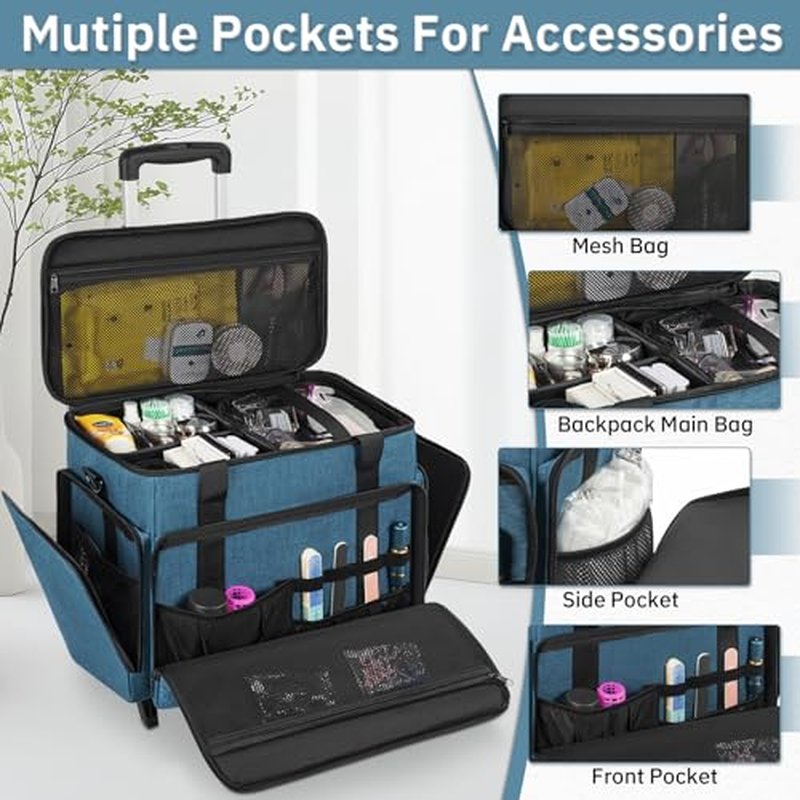 Extra Large Rolling Makeup Case with 4 Removable Pouches£¬Professional Make up Train Case with Wheels,Travel Cosmetic Bag for Hairstylists Nail Tech Makeup Artist with Detachable Trolley