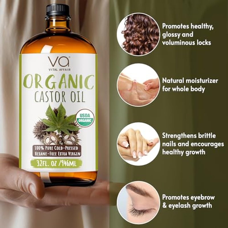 Pure Organic Castor Oil 32oz ? Cold Pressed, Unrefined, USDA Organic ? Glass Bottle for Hair Growth, Eyelashes, Eyebrows, Face & Castor Oil Packs