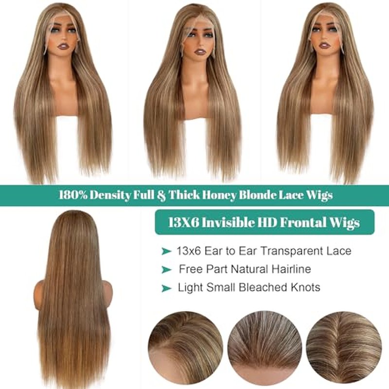 Munx 13x6 Highlight Brown and Blonde Human Hair Wigs, HD Transparent Lace Front Wig with Brown Roots Pre Plucked with Baby Hair for Women Bleached Knots 180% Density 20¡±, Can Be Restyled