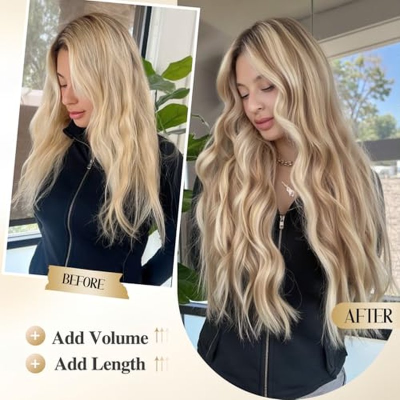 Invisible PU Hole Weft Human Hair Extensions Seamless Skin Weft Bead Hair Extensions for Women Dual-Use Tape in Weft Hair Extension 8PCS 70g 18/613 Highlight Blonde Real Human Hair (8Pcs,18 Inch)