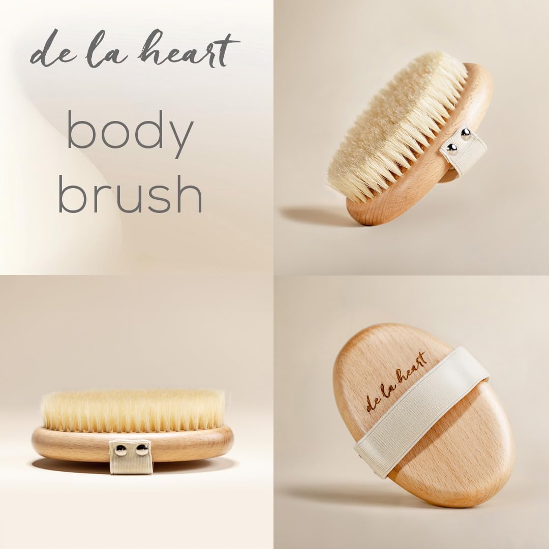 de La Heart Body Brush with No-Slip Strap | Dry Brushing Tool for Skin Exfoliation & Radiance | Natural Bristles for Smooth, Glowing Skin | Lymphatic Drainage & Circulation Massage Brush