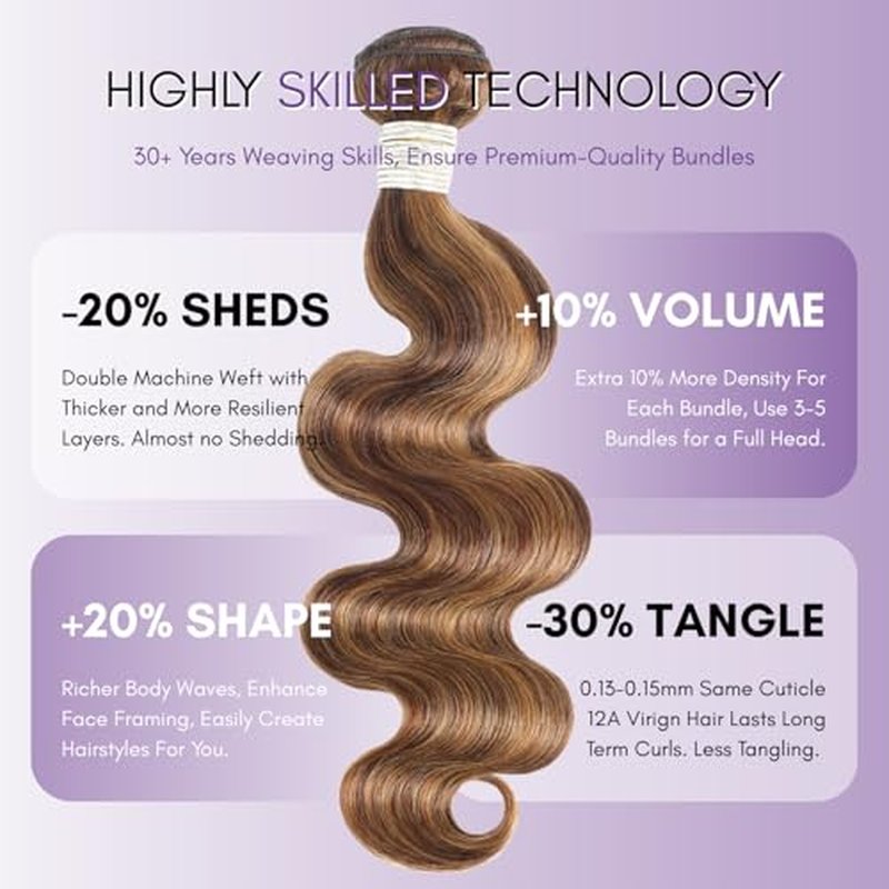 Honey Blonde Highlight Body Wave Bundles with Closure Human Hair, 12A 100% Thick Track Virgin Brazilian Wavy Weave P4/27 Ombre Brown Colored Bundles with 4x4 Closure Pre Plucked Remy 10 12 14+10