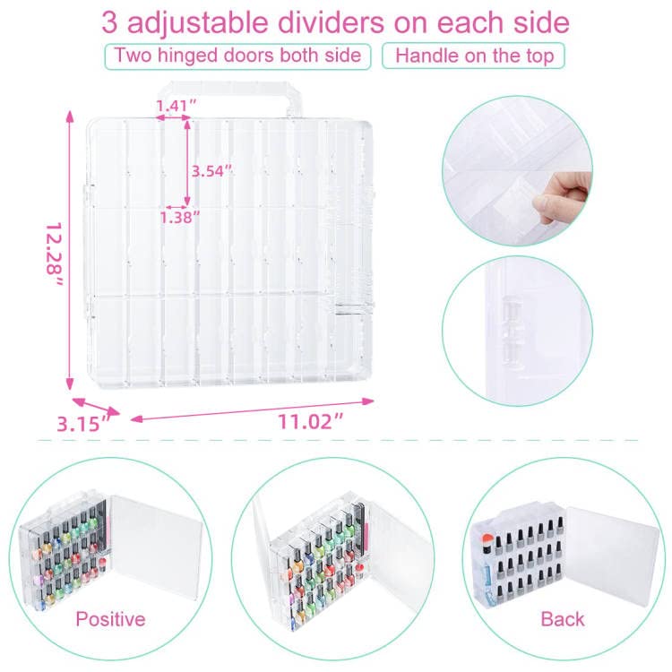 Nail Polish Organizer Case - Holds 48 Bottles | Adjustable Gel Storage with Space Dividers & Toe Separator