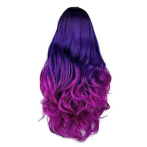 Quantum Love Long Purple Wavy Wigs Ombre Purple Body Wave Mermaid Hair Wig for Women Middle Part Colorful Curly Synthetic Hair for Halloween Cosplay Daily Party Use