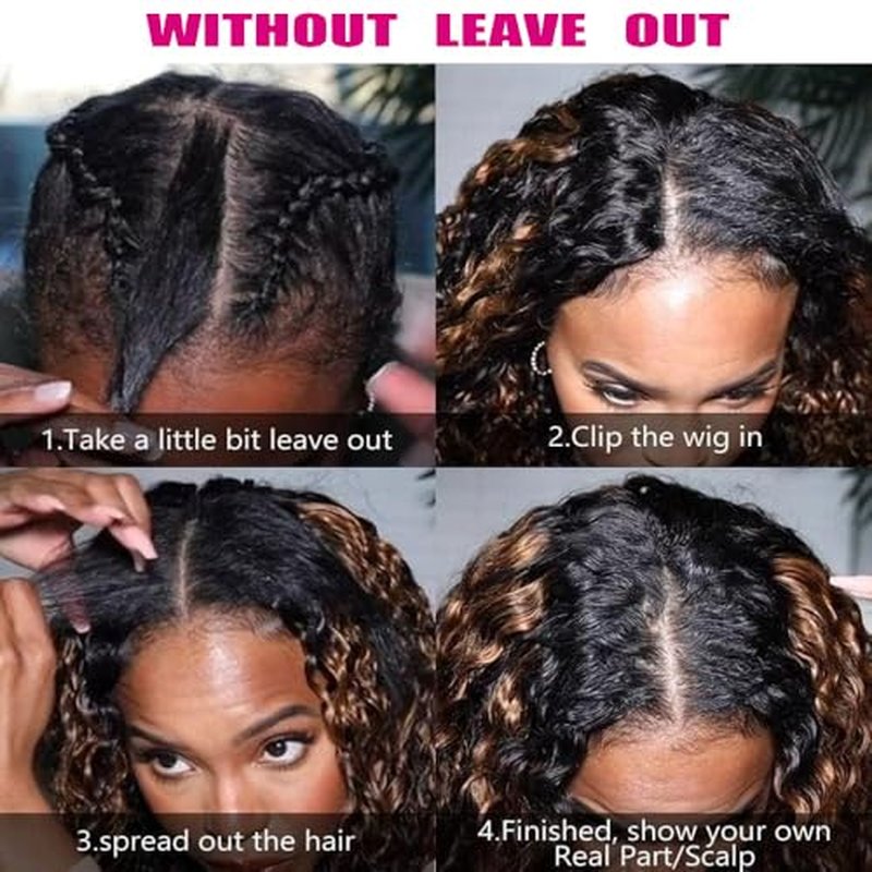 Ainmeys Curly V Part Wigs Ombre Brown V Shape Wigs for Black Women No Leave Out Lace Front Wigs Upgrade U Part Wigs Glueless Full Head Clip In Half Wigs(#FB30 18IN)