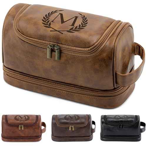 Personalized Gifts Travel Toiletry Bag for Men Him, Laser-Engraved Initial PU Leather Waterproof Shaving Bag Christmas Birthday Gift for Men Dad Husband Boyfriend Groomsmen, Light Brown M