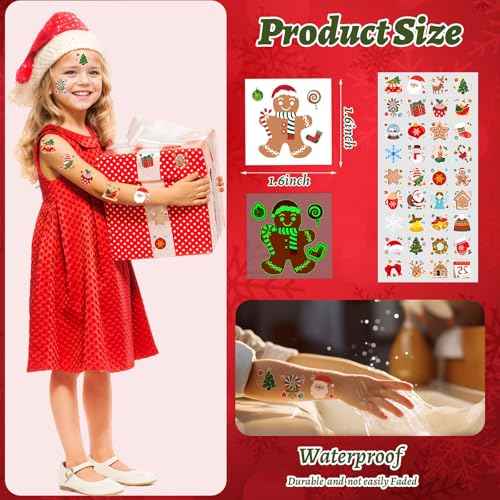 JUNEBRUSHS Christmas Glow in Dark Temporary Tattoos for Kids, 180 Individually Christmas Luminous Tattoo Stickers Santa Claus for Kids Christmas Socks Gifts Party Boys Girls Goody Bag Stuffers