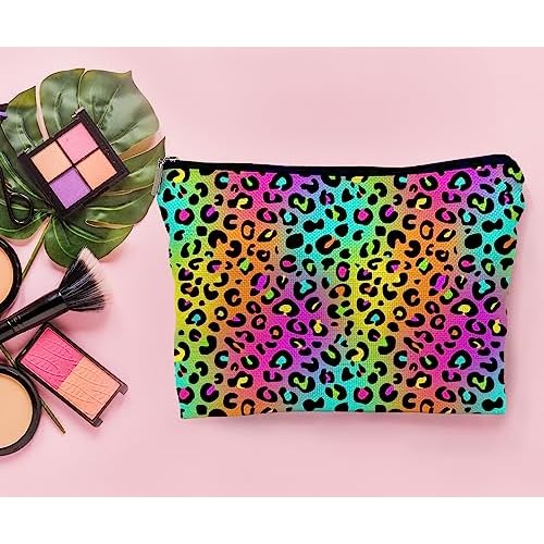 Colorful Neon Leopard Print Rainbow Makeup Bag Cosmetic Bag Zipper Pouch Toiletry Bags,Leopard Print Gifts for Women Teen Girls